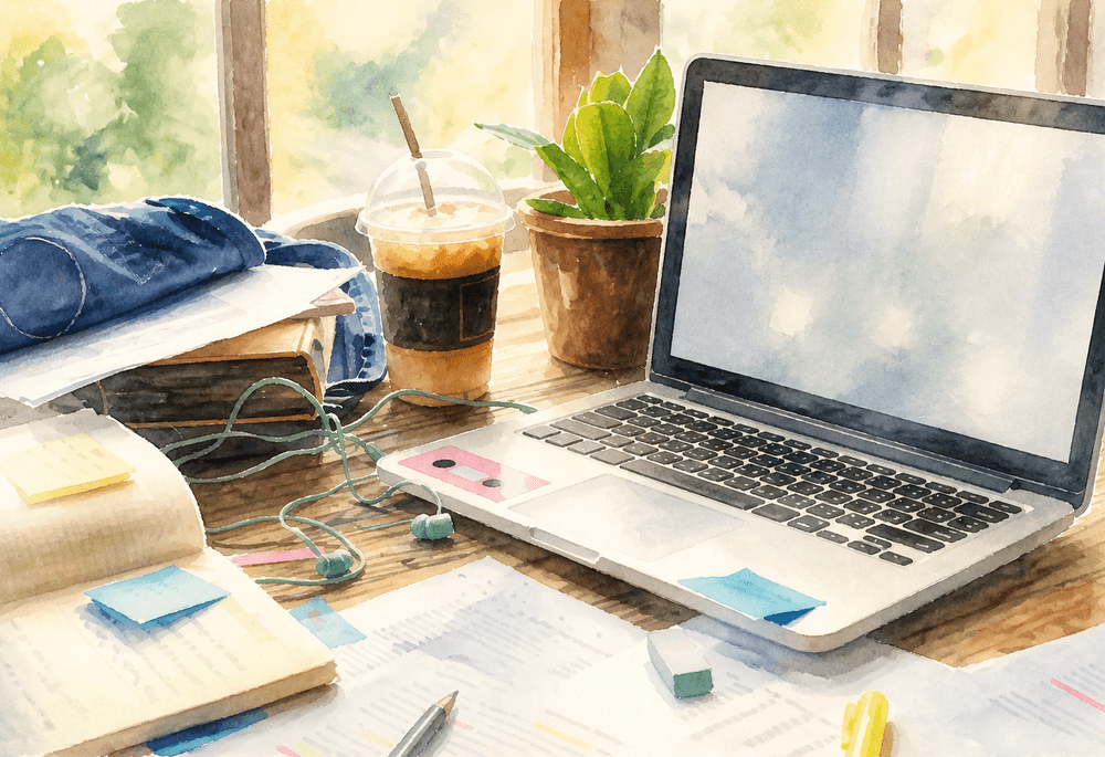 Laptop and notebook on a sunlit desk