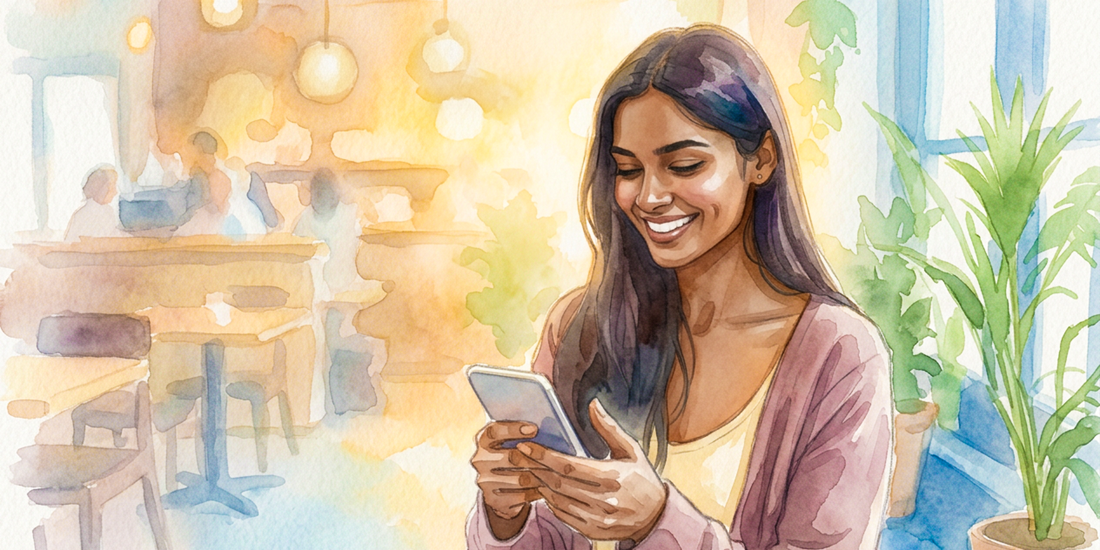 Woman smiling at her phone in a cafe