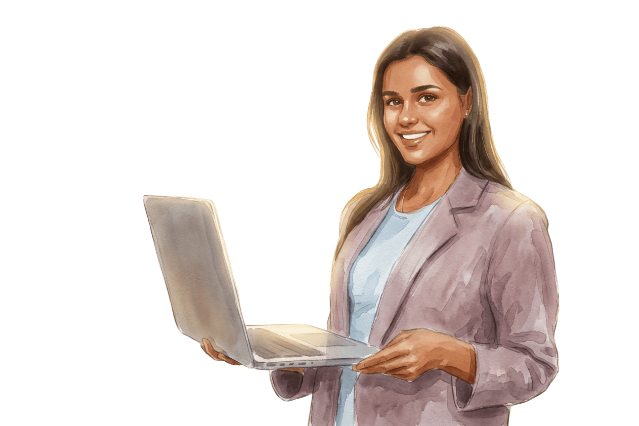 Woman smiling while holding an open laptop
