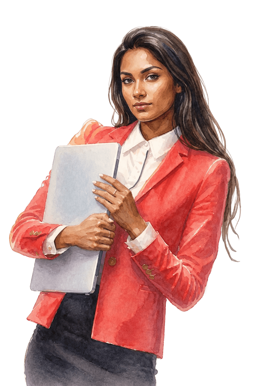 Woman in a red blazer holding a laptop