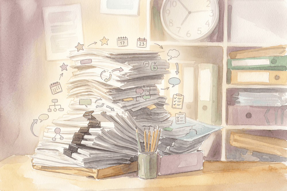 Stack of printed worksheets on a shelf