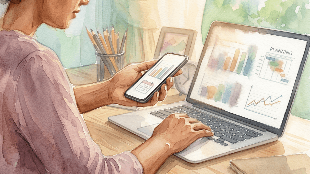 Woman checking her phone beside a laptop showing charts