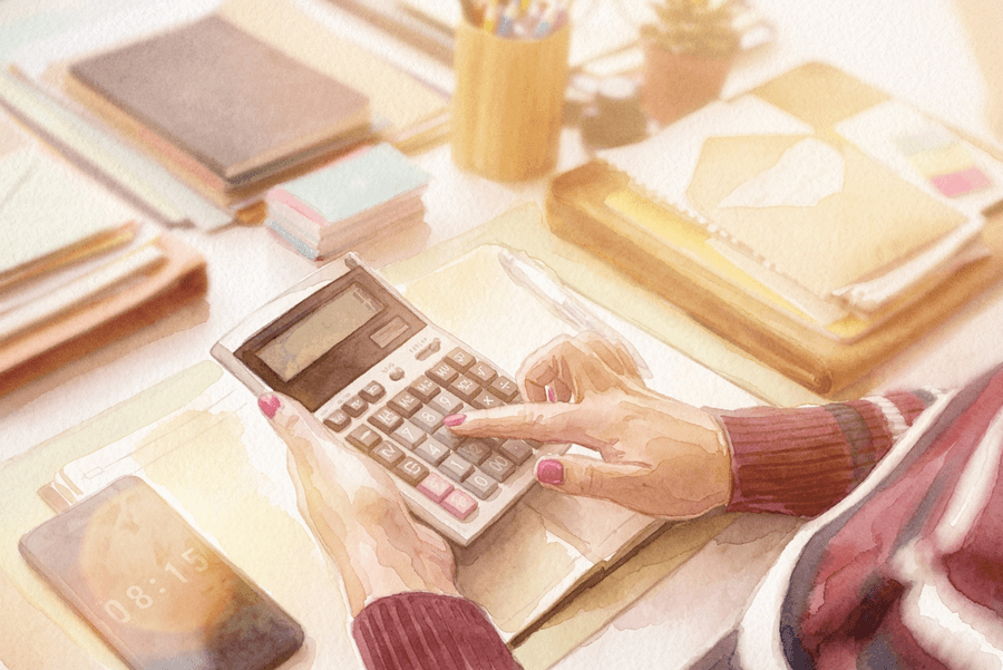 Hands using a calculator beside a notebook