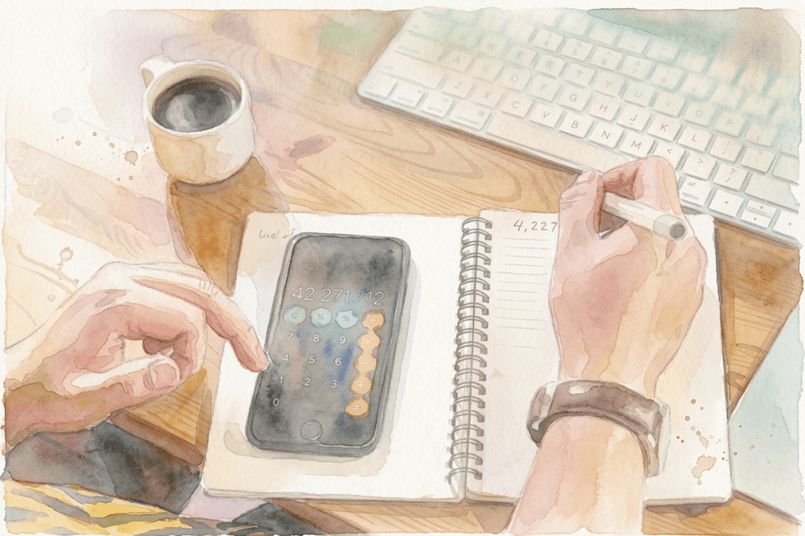 Desk with bills and a calculator