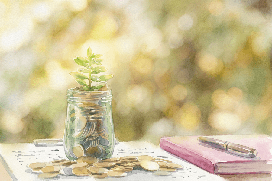 Seedling growing out of a jar of coins