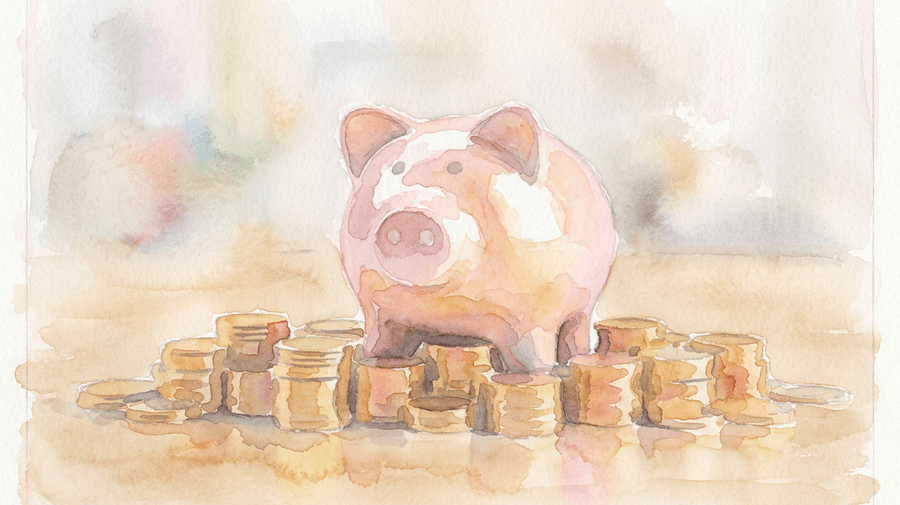 Piggy bank beside stacks of coins